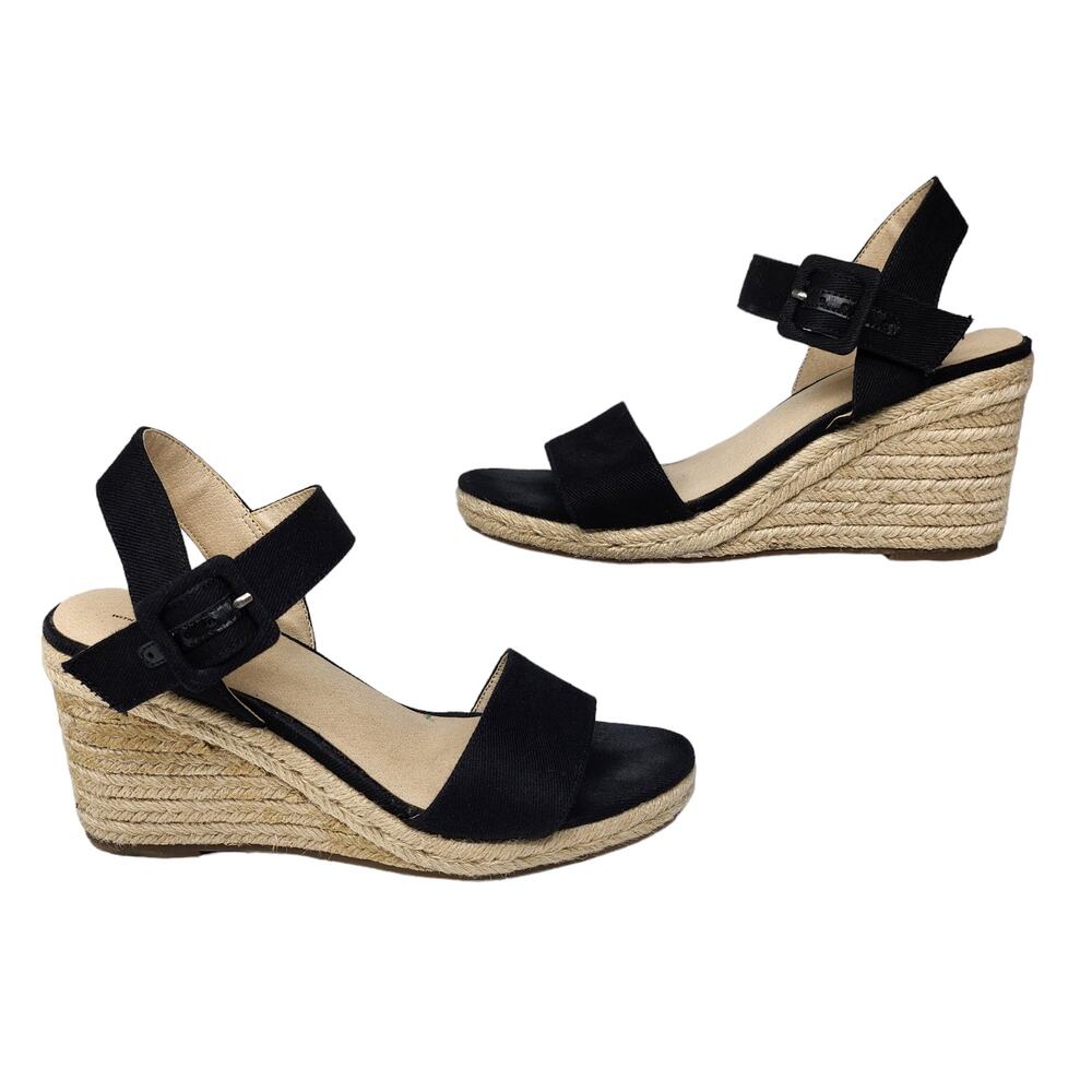 Lifestride Shoes Womens 7 Black Strappy Wedges Heels Espadrilles Peep Toe Chunky